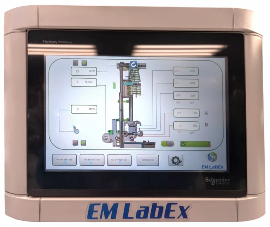Schneider Electric touchscreen HMI showing temperatures, screw speed and take-off speed