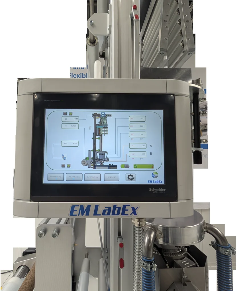 Touchscreen HMI mounted on the LabEx blown film unit next to the die head