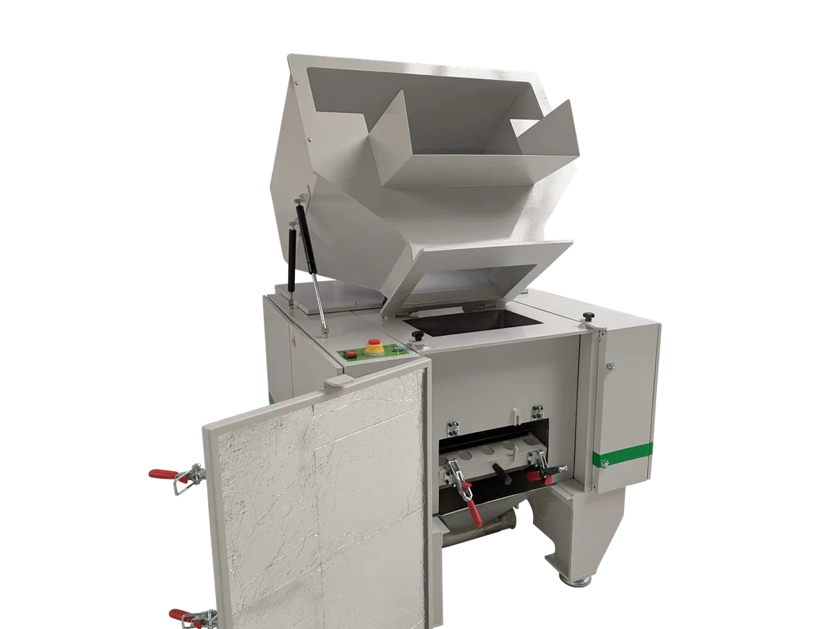 GRAN 1 granulator with hopper and access door open, showing the cutting chamber