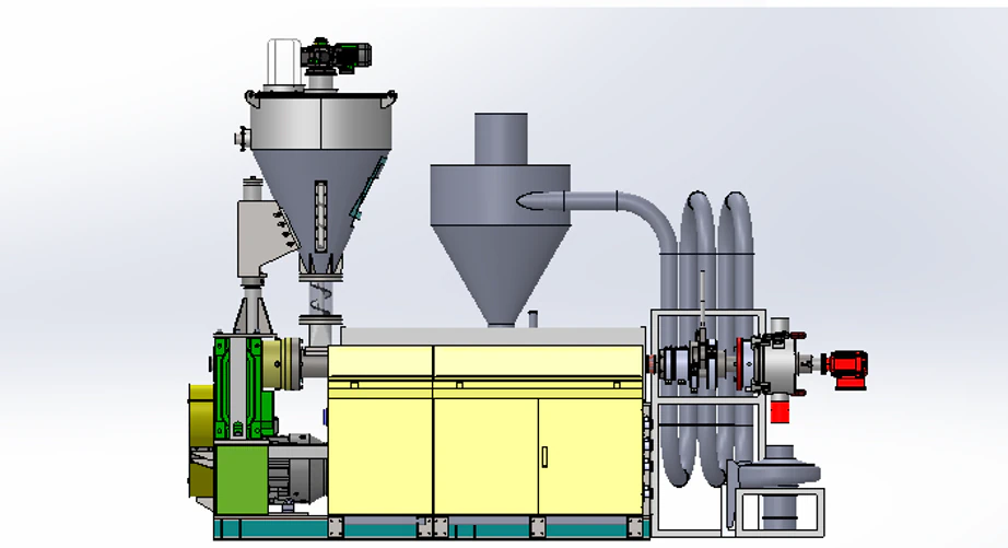 Graphic side view of the Green REC in-house recycling extruder and air-cooling system
