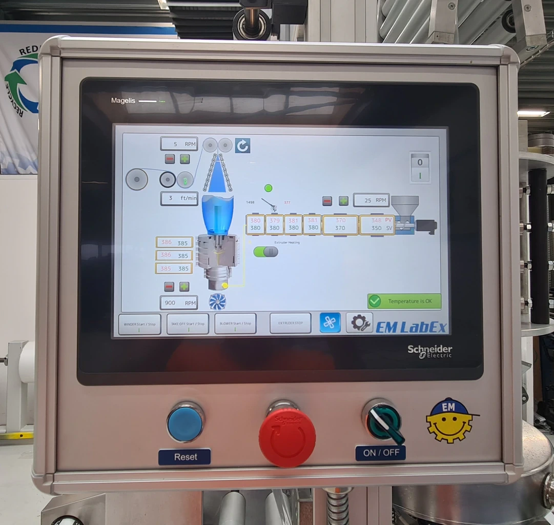 Touchscreen HMI control panel for the LabEx 25-1 mono-layer laboratory extruder