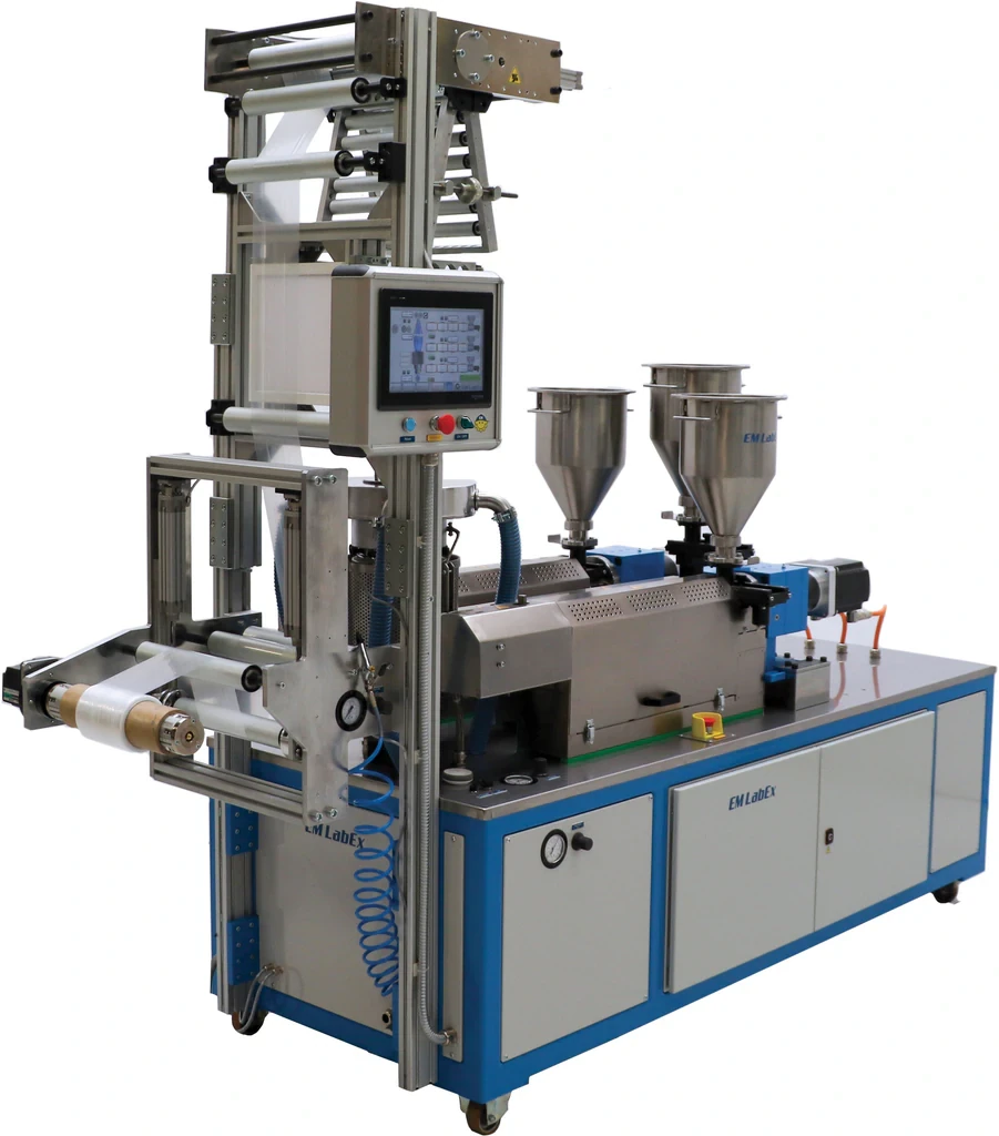 Front view of the LabEx 25-3 three-layer laboratory extruder and blown film tower