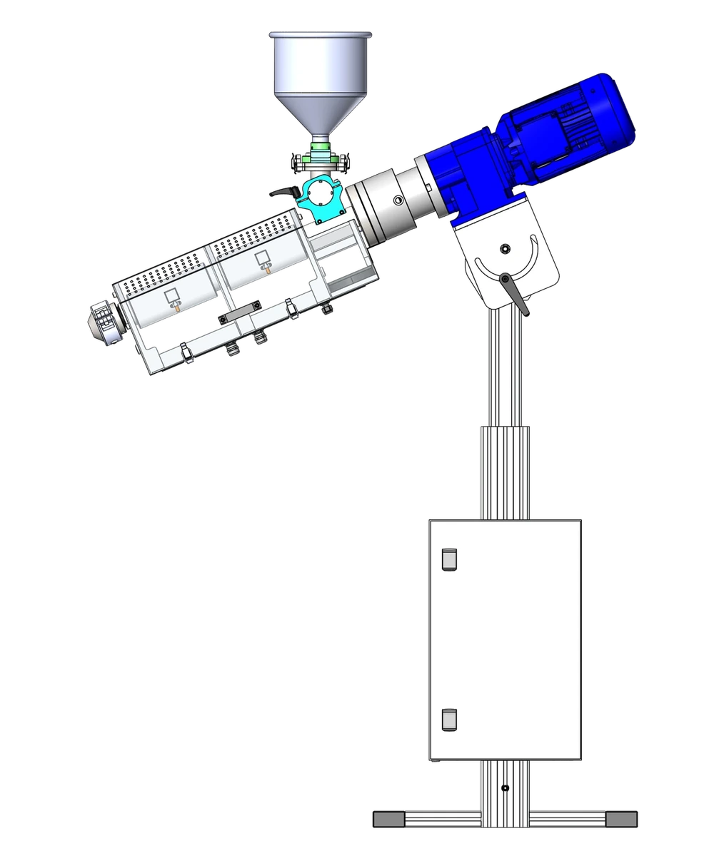 Clean technical drawing of a MULTI-X extruder on an adjustable pillar mounting