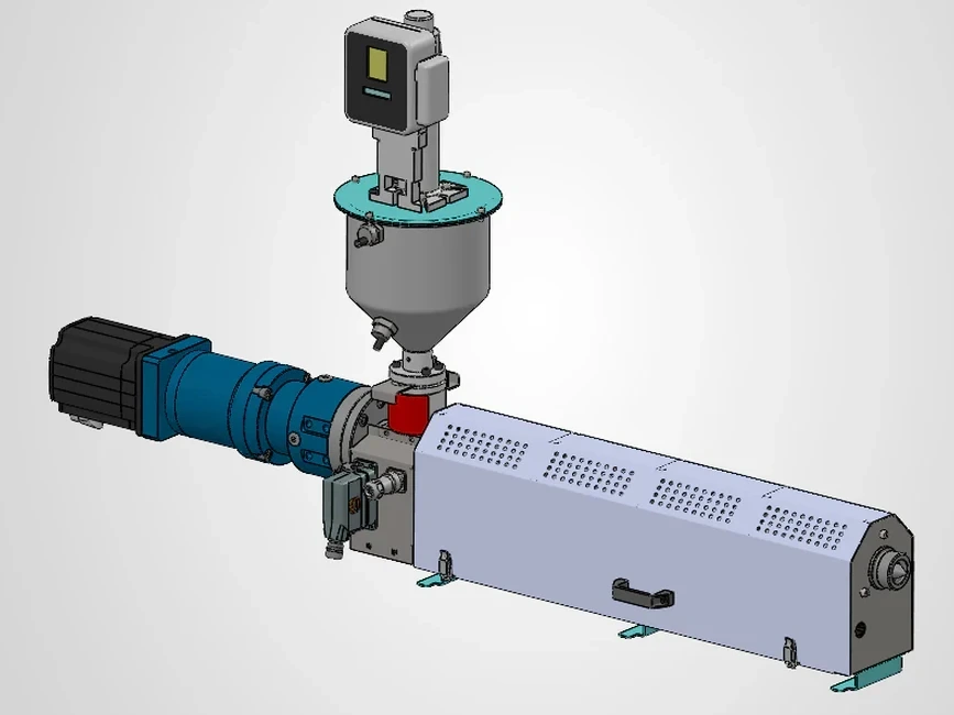 CAD rendering of the MULTI-X compact extruder with material hopper and geared drive