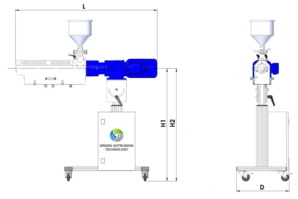 MULTI-X extruder dimensions drawing showing total length, depth and adjustable working height