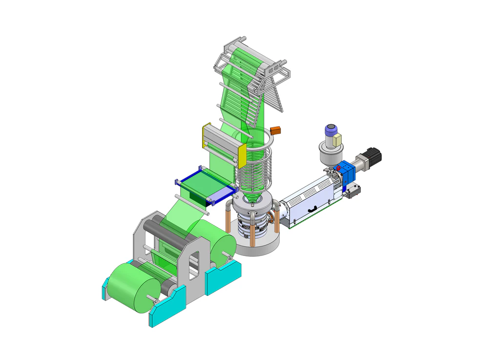 Green Extrusion Technology laboratory blown film extrusion line used to explain the blown film process