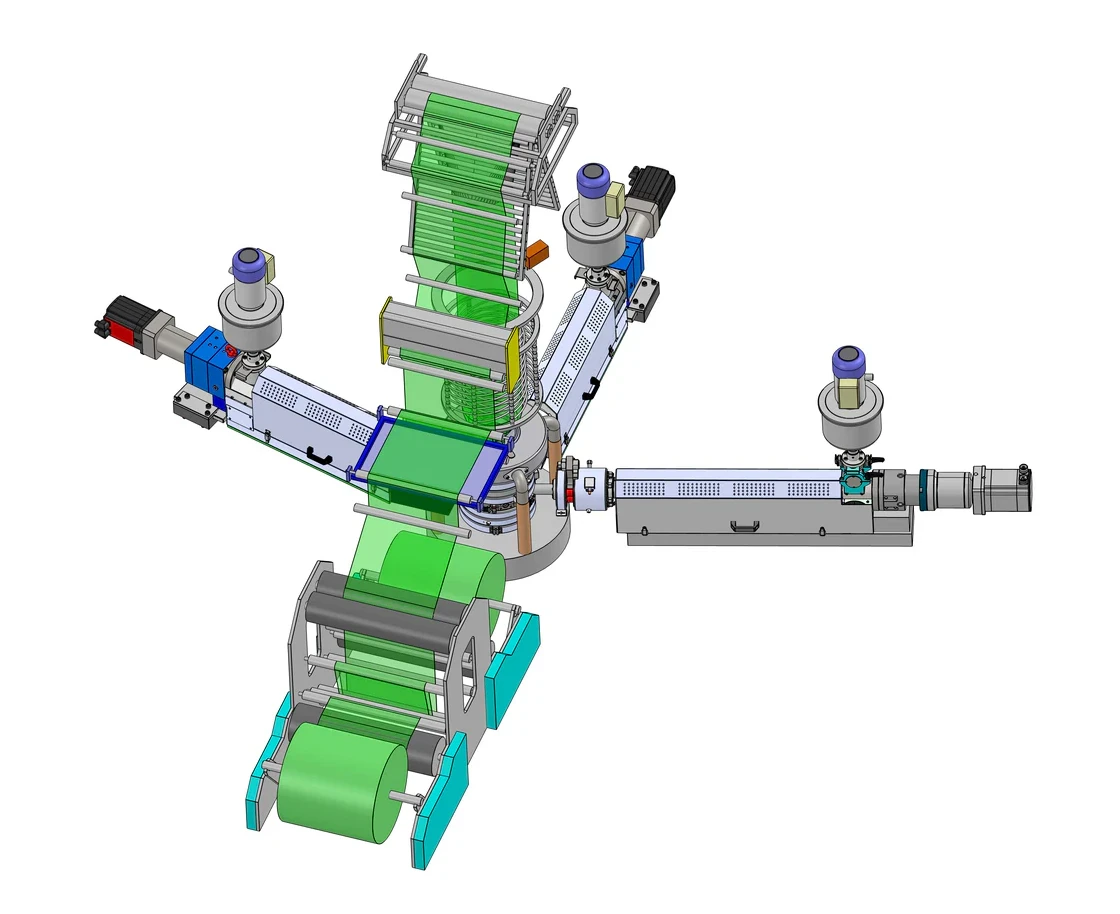 Overview of a blown film extrusion line used for film production and laboratory testing
