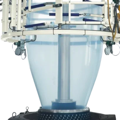 Laboratory blown film bubble with air ring and calibrating basket for controlled film testing