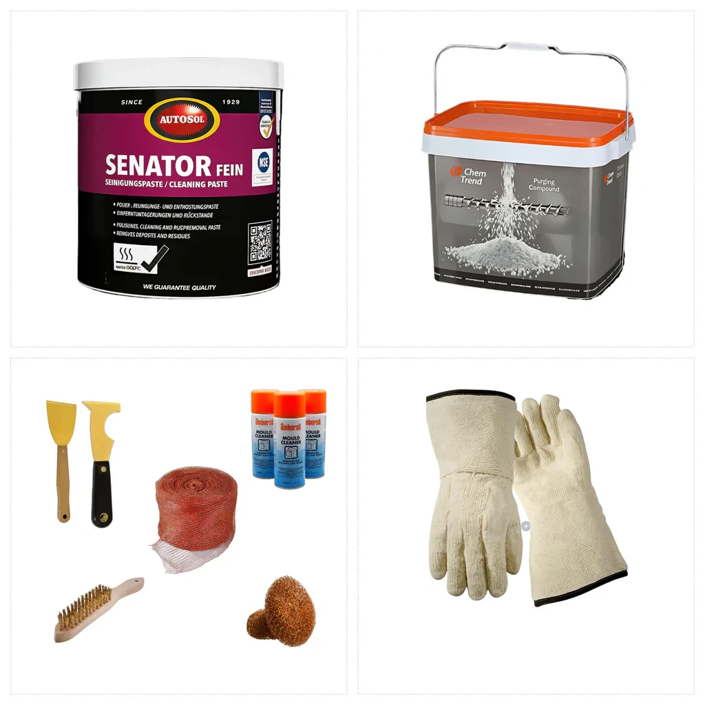 Purging compounds, cleaning products, tools and protective gloves