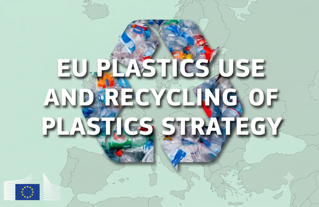 EU plastics use and recycling of plastics strategy, shown as a recycling symbol filled with plastic bottles over a map of Europe
