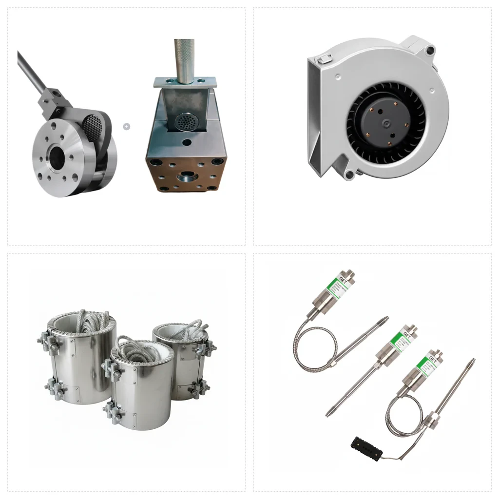 Screen changers, cooling fan, heater bands and process sensors