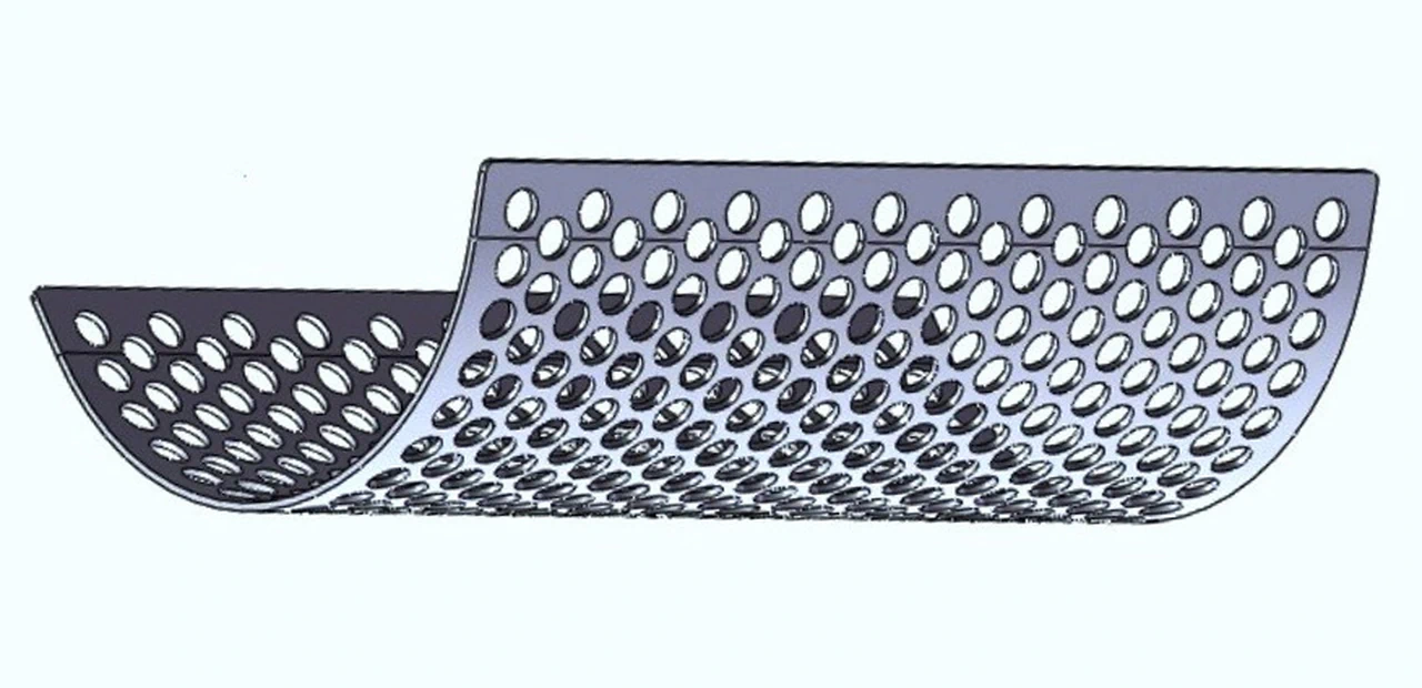Curved perforated screen used to control particle size in a plastic granulator