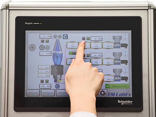 HMI control screen for a laboratory blown film extruder