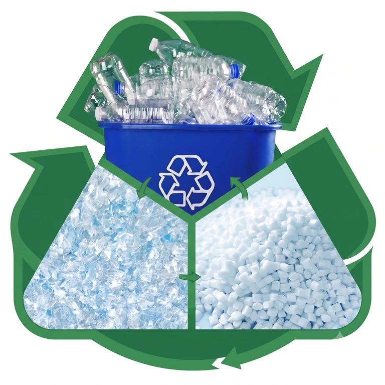 From PET bottle to granulate: collected PET bottles, washed PET flakes and finished recycled granulate shown inside a recycling symbol