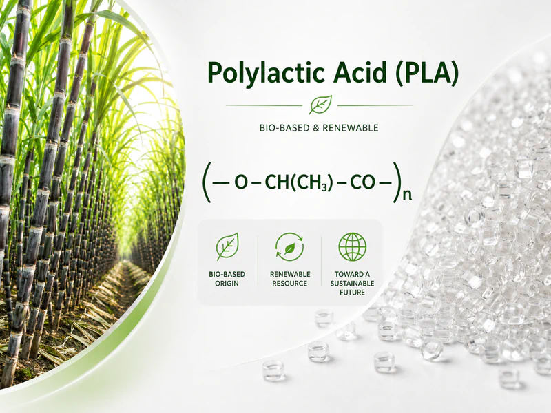 PLA bioplastic granules with polymer formula and renewable material symbols