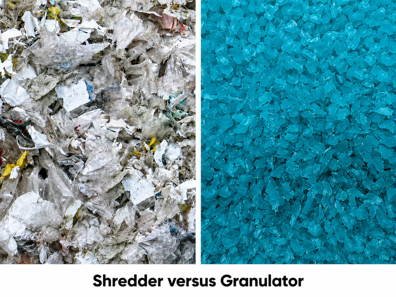 Comparison of bulky plastic waste and granulated plastic showing the different results of shredding and granulation