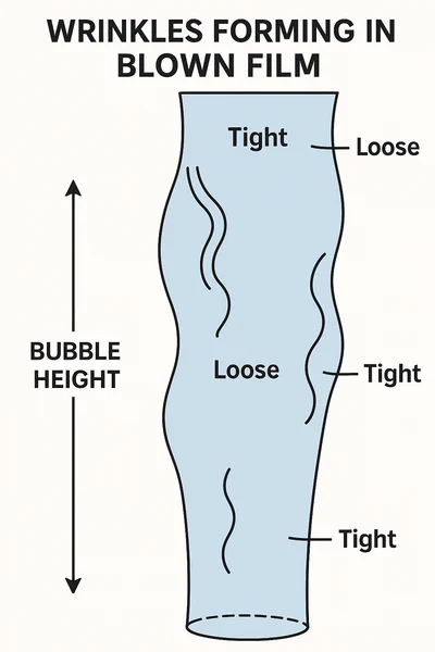 Diagram showing tight and loose lanes causing wrinkles in blown film extrusion